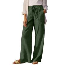 Women HighWide Leg Pants Drawstring Side Slit-Army Green XL
