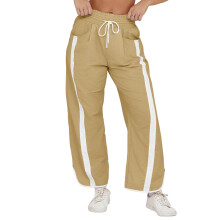 Womens Wide Leg Pants Stripe Collision Color Elastic-Khaki L