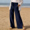 Women HighWide Leg Pants Drawstring Side Slit-Light  Blue L 4