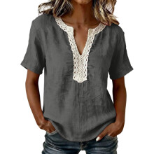 Linen Shirts for Women Lace Trim V Neck Blouse Short-Gray XL