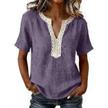 Linen Shirts for Women Lace Trim V Neck Blouse Short-Purple XXL