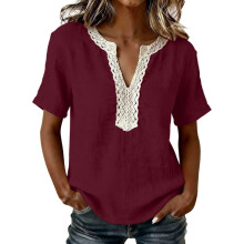 Linen Shirts for Women Lace Trim V Neck Blouse-deepred XXL