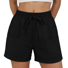 Women's Linen Shorts Casual Shorts Pull On Shorts-Black XXXL