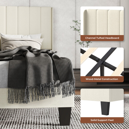 Levede Double Plush Upholstered Panel Bed Beige 1
