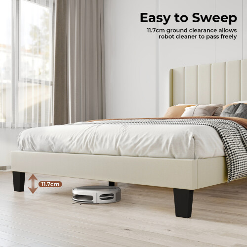 Levede Double Plush Upholstered Panel Bed Beige 2