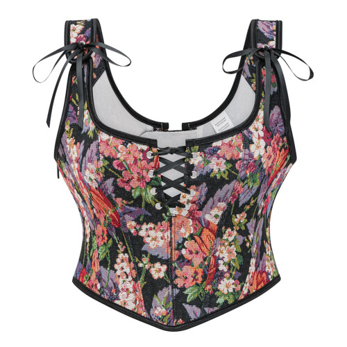 Women Tie Up Adjustable Straps Overbust Corset Bustier-Black M