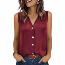 Women's Sleeveless V-Neck Button-Down Blouse-Burgundy S