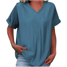 Women's Cotton Linen Top - Short Sleeve V Neck-Blue XXL
