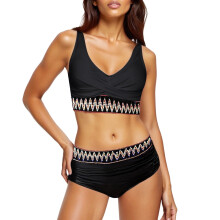 Women's Sets Control Swimsuits V Neck Color Two Piece-Black M