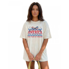 (L, Ivory) 4th of July Shirts for Women Stylish Letter Bow Print Short Sleeve Round Neck Patriotic America 250th Anniversary Tops