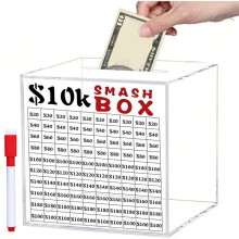 10k Smash Box for Money, Unbreakable Piggy Bank for Adults Save 10,000 Money Saving Challenge, Clear Acrylic Saver Box