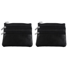 2X Leather Change Coin Purse with 4 Pockets and Keychain for Women Black