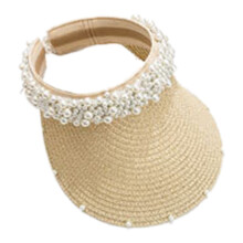 Pearl Ladies Hat Female Elegant Pearl Straw Hat Sun Hat Wide Brim Sun Hat Girls Beach Hat Fashion Hat Ladies Beige