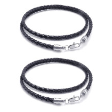 2X Jewelry Men'S Necklace - 3mm Cord - Leather - Stainless Steel - for Men - Black Silver Color- with Gift Bag - 60cm