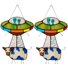 2PCS UFO Abduction A Cow Stained Glass Suncatcher UFO Stained Glass Suncatcher UFO Cow Hanging Glass Suncatcher