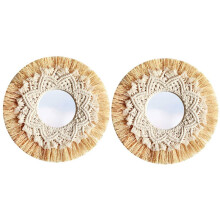 2X Nordic Straw Woven Hotel Bed and Breakfast Wall Boho Decor Handwoven Mirror Wall Decoration Macrame Decorative Mirror