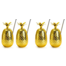 4 Pack Pineapples Drink Cups, 450Ml Gold Pineapples Tumbler with Stretched Straw, Hawaiian Luau Party Cups