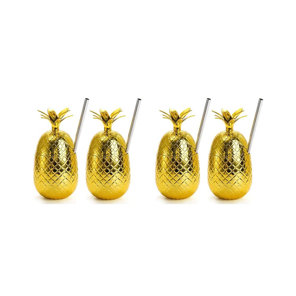 4 Pack Pineapples Drink Cups, 450Ml Pineapples Tumbler With Stretched Straw, Hawaiian Luau Party Cups Gold Torribaly