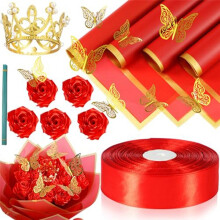 74 Pieces DIY Artificial Roses Bouquet Fake Ribbon Flowers Bouquet 1-1/2 Inch Satin Ribbon Gold Wrapping Paper Red