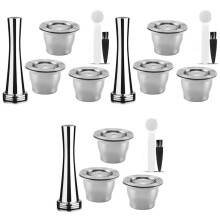 Capsules Réutilisables, Inox, 9 Tampons Rechargeables pour + 3 Tamper + 3 Cuillère + 3 Pinceau