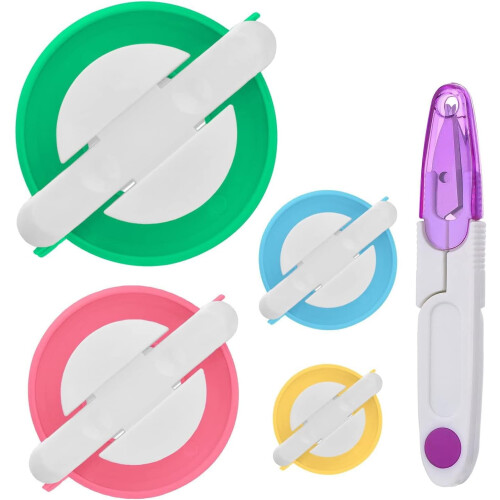 Pomponmakerset – 4 maten, plastic, 4 stuks + schaar