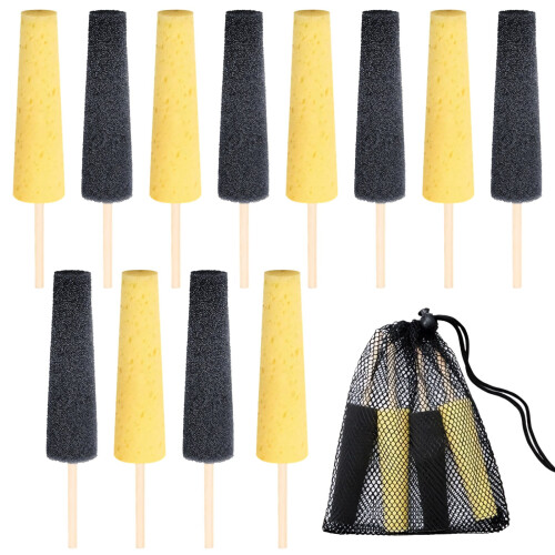 Conjunto de 12 esponjas para cerâmica com cabos de madeira e saco de malha.