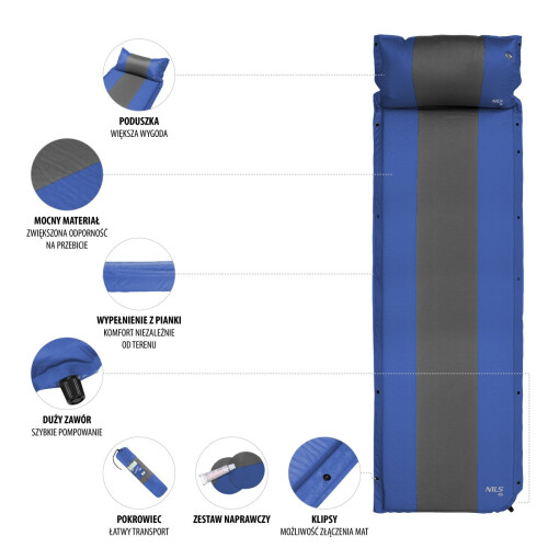 Selbstaufblasende Campingmatte mit Kissen, Blaugrau 1
