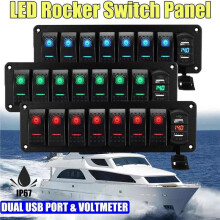 Car Waterproof Marine Boat Rocker Panel 8 Gang 12V/24V Circuit Breaker Dual USB Slots Light Button