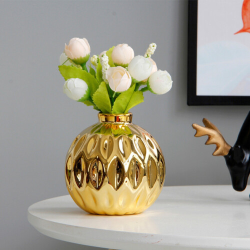 2X Ceramic Small Vase Small Flower Embossed Fish Lip Pattern Crafts Home Decorations (Gold)