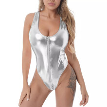 Women Swimsuit Fashion Metallic Shines-Silver white L