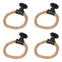 4X Vintage Towel Rack Ring Industrial Style Wall Mount Towel Holder Iron Pipe Jute Rope Bathroom