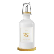 1 Pc Bathroom Countertop Glass Mouthwash Dispenser, 11.8 Ounce Reusable Bottle with Nozzle and Bamboo White