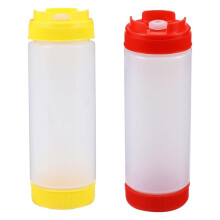 2pcs Two-Headed 20oz Plastic Squeeze Sauce Bottles for Ketchup and Salad Dressing, Red and Yellow Condiment Dispensers