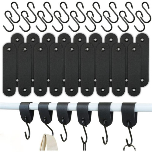 18 Hooks Set-Coat Hook Rail-S Hook with Leather Loo -Hook Coat Rack for Hallway,Bathroom, Camping, Kitchen - PU Leather