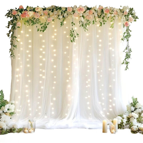 10x10ft White Tulle Backdrop Curtain with Lights String 2 Panels White Backdrop Curtains for Wedding Partie