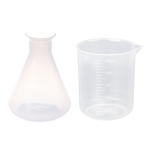 2 Pcs Beaker: 1 PCS 500Ml Clear Plastic Laboratory Conical Flask Storage Bottle & 1 PCS 500Ml Graduated Beaker