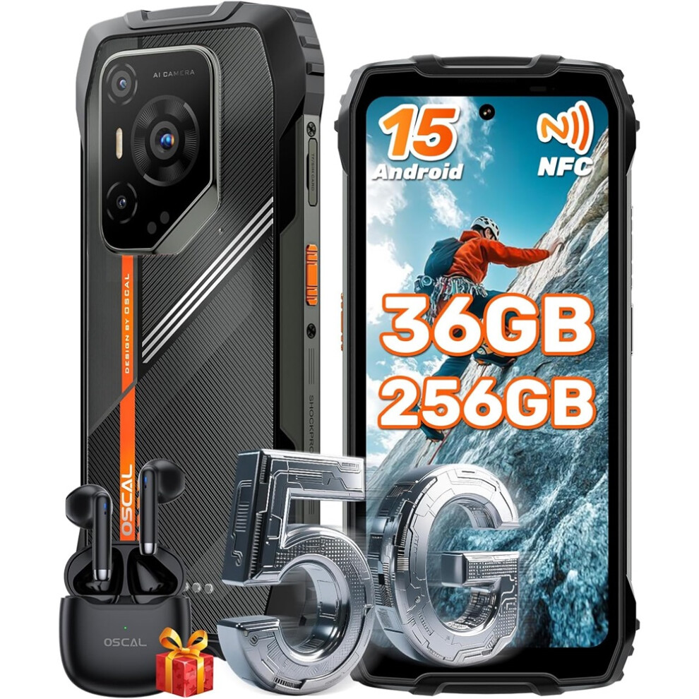 (Black) Oscal Pilot 3 Rugged Smartphone 5G, Android 15, 256Gb, 6.78" Fhd 120Hz, 50Mp 32Mp 20Mp Night Vision Rugged Phone ,33W/7500Mah Battery, Black 4027021855088