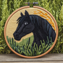 Black Horse Punch Needle Kit med Ring och Stämplat Mönster