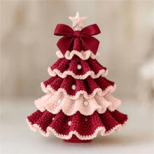(Red&Pink) DIY Crochet Christmas Tree Kit – Handmade Holiday Decoration Set, Beginner Christmas Kit, Tree Bow Pearl Embellishment
