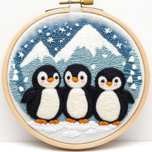 DIY Punch Needle Kit: Cute Penguins on Snow Mountain, Easy for Beginners, Includes Hoop & Yarn – 20x20cm Embroidery Set for Craft Lovers
