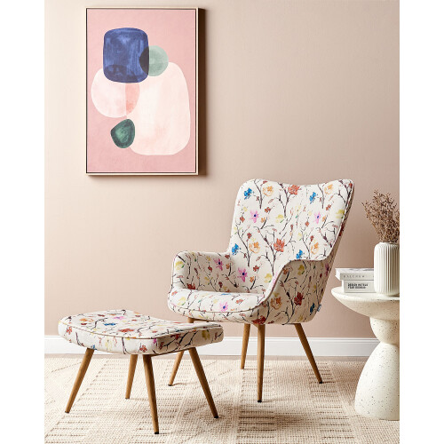 Beliani Wingback Chair VEJLE with Footstool Fabric Light Beige 1