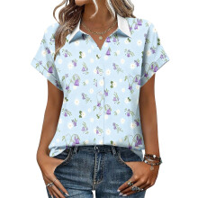 Women's V-neck short-sleeved shirt, casual positional-Blue S