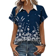 Women's V-neck short-sleeved shirt, casual-Navy Blue XXL