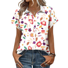 Women's V-neck short-sleeved shirt, casual-Pink L