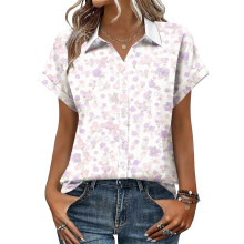 Women's V-neck short-sleeved shirt, casual-Purple M