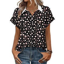 Women's V-neck short-sleeved shirt, casual-Black L