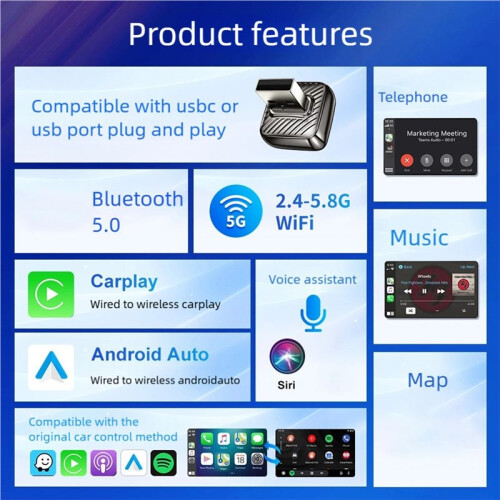 Wireless CarPlay Adapter&Android Auto Wireless Adapter, 5Ghz WiFi Type-C/USB Plug  Dongle CarPlay Wireless 1