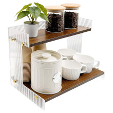 Acrylic&Wood Coffee Station Organizer with Raised Edges,2-Tier Coffee Bar Organizer with Sturdy Flat Base,Walnut Finish