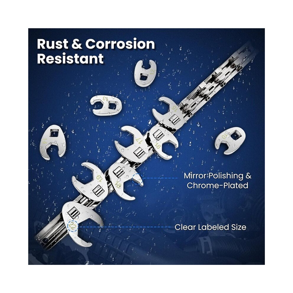3/8" Drive Metric Crow Foot Wrench Set 10Pcs 10-22Mm For Automotive &Plumbing Tight Spaces Access With Clip- Organizer 4712733474145