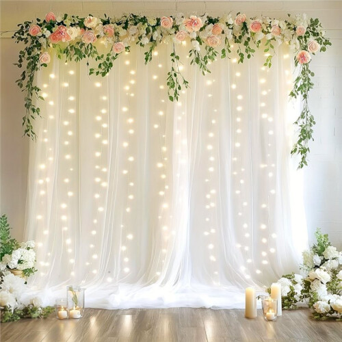 10x10ft White Tulle Backdrop Curtain with Lights String 2 Panels White Backdrop Curtains for Wedding Partie 1